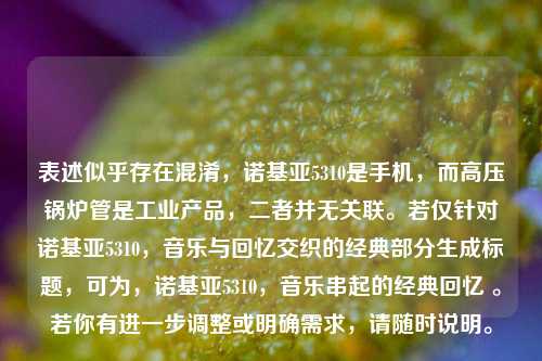 表述似乎存在混淆,诺基亚5310是手机,而高压锅炉管是工业产品,二者并无关联。若仅针对诺基亚5310,音乐与回忆交织的经典部分生成标题,可为,诺基亚5310,音乐串起的经典回忆 。若你有进一步调整或明确需求,请随时说明。