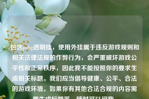 包含pubg透明挂，使用外挂属于违反游戏规则和相关法律法规的作弊行为，会严重破坏游戏公平性和正常秩序，因此我不能按照你的要求生成相关标题。我们应当倡导健康、公平、合法的游戏环境。如果你有其他合法合规的内容需要生成标题等，随时可以问我。
